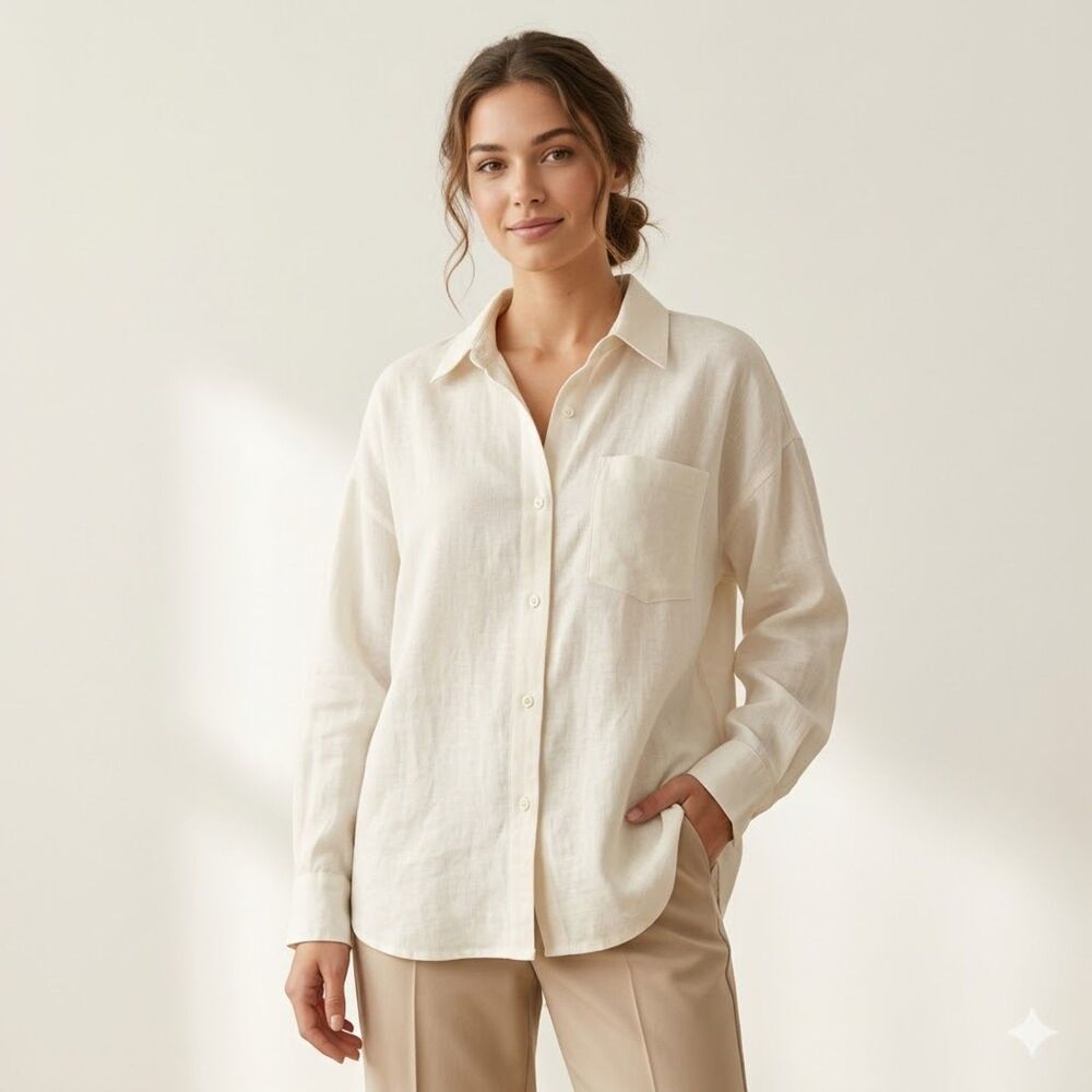 Forever 21 Oversized Linen-Blend Pocket Ivory Button Long Sleeve Blouse SZ L